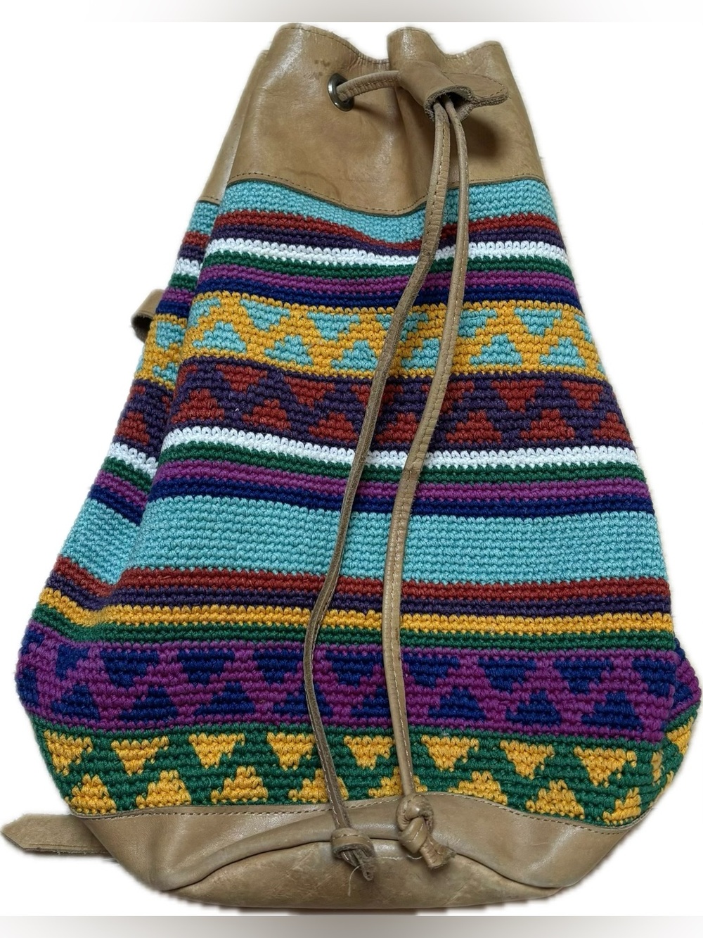 Handwoven Cotton and Leather Multicolor Bucket Backpack Turquoise, Purple